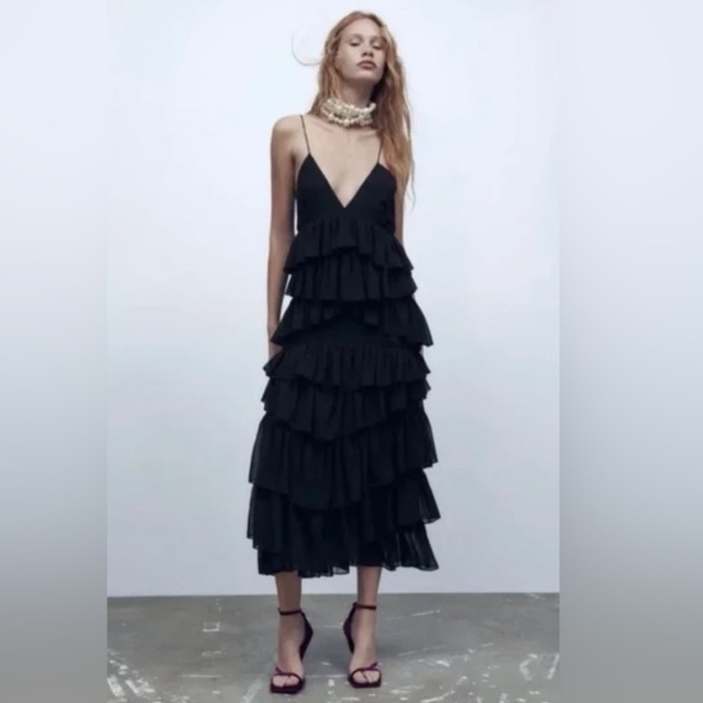 Zara Black Tiered Ruffle Midi Dress Influencer Favorite